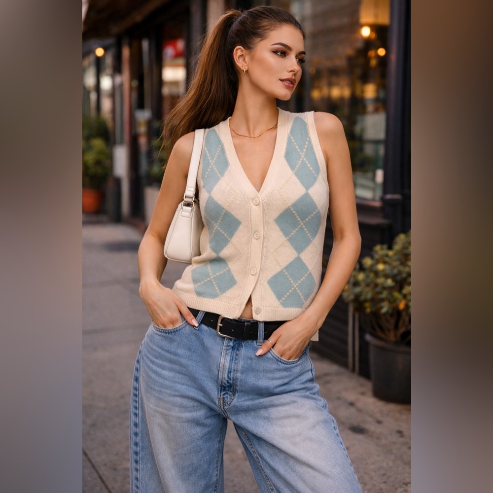 90s Preppy “Clueless” Argyle Lambswool‎ Angora Cream &Blue Small Vest academia